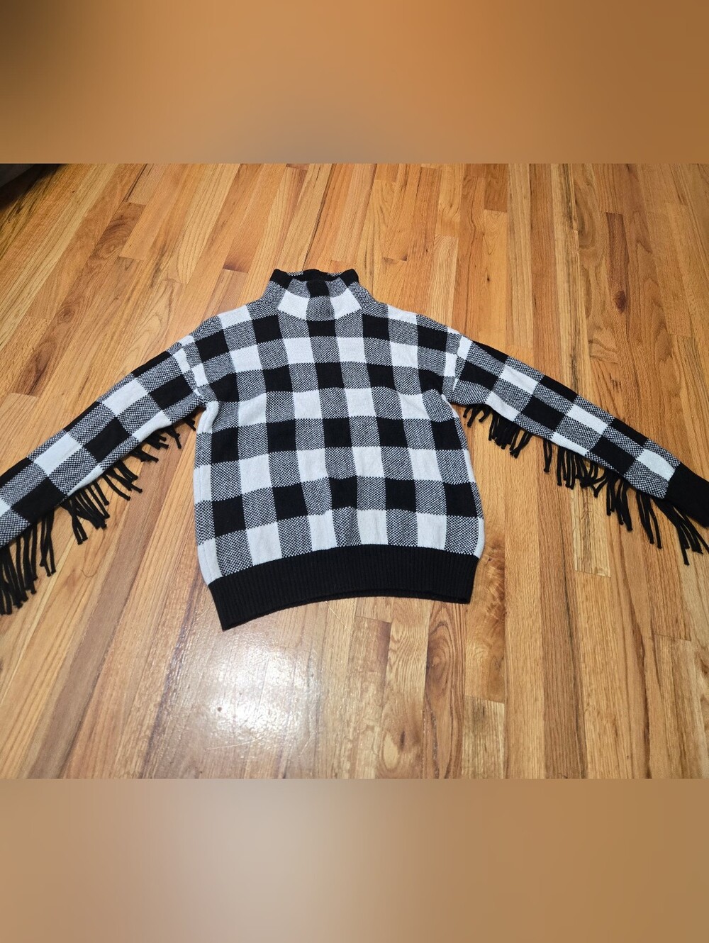 Lauren Ralph Lauren Black & White Buffalo Plaid Fringe-Sleeve Turtleneck Sweater